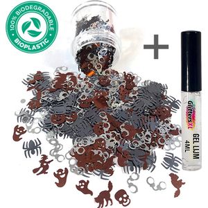 Halloween Chunky Festival Glitters (Zilver/Bruin/Grijs) + Glitter Huid Lijm [Volume 8g - Festival Jewels Glitter Outfit Lichaam en Gezicht - Make-up nep wond tattoo - spin bloed decoratie masker mastix - Kinderen Volwassenen Dames Heren Schmink]