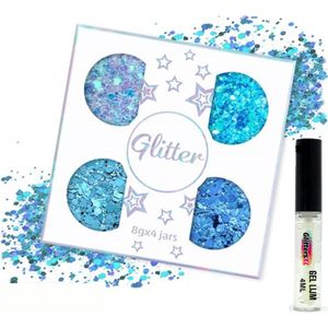 GlittersXL - Chunky Glitters Set van 4 (Blauw) + Glitter Huid Lijm [Volume 8g per potje - Festival Glitters Lichaam en Gezicht - Make-up Face Body - Glitter Gel Mastix - Kinderen Volwassenen Dames Makeup]
