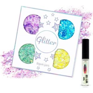 Chunky Festival Glitters Set van 4 (Paars/Blauw/Groen/Geel) + Glitter Huid Lijm [Volume 8g per potje - Festival Glitters Lichaam en Gezicht - Make-up Face Body - Glitter Gel Mastix - Kinderen Volwassenen Dames Makeup]