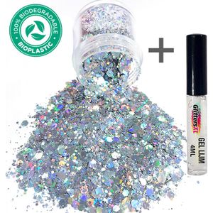 Chunky Festival Glitters (Zilver) + Glitter Huid Lijm [Volume 8g - Festival Jewels Glitter Outfit Lichaam en Gezicht - Make-up Diamond Dots Face Body - Diamantjes Strass Steentjes - Kinderen Volwassenen Dames Makeup Tattoo Mastix Schmink]