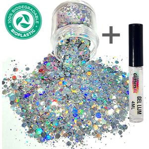 GlittersXL - Chunky Glitters (Zilver) + Glitter Huid Lijm [Volume 8g - Festival Jewels Glitter Outfit Lichaam en Gezicht - Make-up Diamond Dots Face Body - Diamantjes Strass Steentjes - Kinderen Volwassenen Dames Makeup Tattoo Mastix Schmink]
