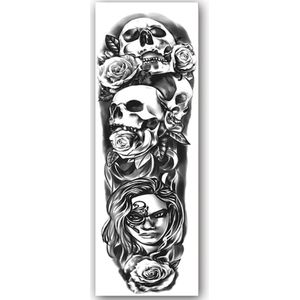 GlittersXL - Temporary Tattoo Sleeve Zwart/Grijs (48x17 cm) [Neptattoo - Tijdelijke tatoeage - Nep Fake Tattoos - Water overdraagbare festival sticker henna outfit tattoo - Glitter tattoo - Volwassenen Jongen Meisje - Schedel, Rozen, Doodshoofd]