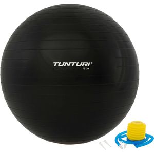 Tunturi Anti Burst Fitness bal met Pomp - Yoga bal 75 cm - Pilates bal - Zwangerschapsbal – 220 kg gebruikersgewicht - Incl Trainingsapp – Zwart