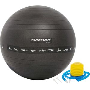 Tunturi Anti Burst Fitness bal met Pomp - Yoga bal 55 cm - Pilates bal - Zwangerschapsbal – 220 kg gebruikersgewicht - Incl Trainingsapp – Zwart