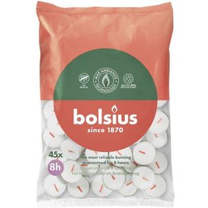 Bolsius D-light Theelichtjes, 45 stuks, in zak, lengte brandduur 8 uur, decoratieve kaarsen voor huishouden, wit, bevat natuurlijke plantenwas, zonder palmolie