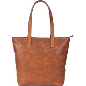 Sparwell - Shopper met rits - 100% Leer - Schoudertas - Cognac / Bruin