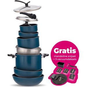 BluMill Kelton 16-Delige Pannenset Inductie - Geschikt Voor Alle Warmtebronnen - Anti - Aanbaklaag - PFAS-Vrij - Stapelbaar - Afneembare Handgrepen - Ruimtebesparend