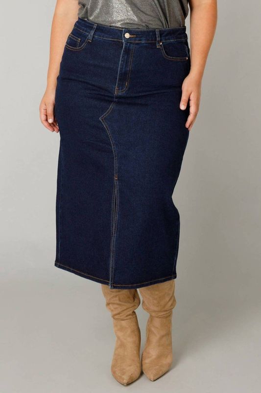 Yest - Curve - Spijkerrok - Dark Blue Denim - Midi Rok