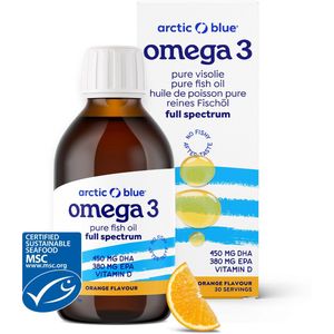 Arctic Blue - Omega 3 Visolie - 450 mg DHA + 380 mg EPA - Met Vit D - Sinaasappelsmaak - 30 doseringen - MSC Keurmerk