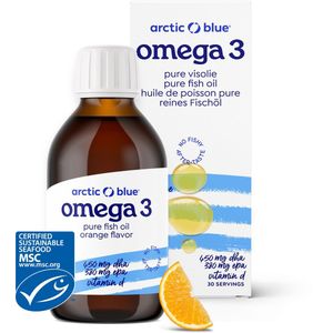 Arctic Blue - Omega 3 Visolie - 450 mg DHA + 380 mg EPA - Met Vit D - Sinaasappelsmaak - 30 doseringen - MSC Keurmerk