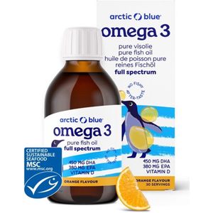 Arctic Blue - Omega 3 Visolie - 450 mg DHA + 380 mg EPA - Met Vit D - Sinaasappelsmaak - 30 doseringen - MSC Keurmerk