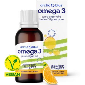 Arctic Blue – Omega 3 Algenolie - 350 mg DHA + 170 mg EPA - Sinaasappelsmaak - 30 Doseringen - Vegan Keurmerk