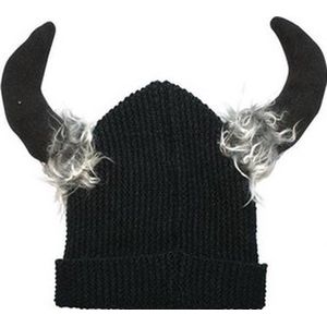 Zwarte Viking muts met fluffy hoorns