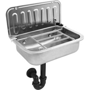 RVS uitstortgootsteen met zwarte sifon en aluminium emmerrooster