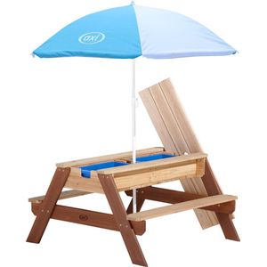 AXI Nick Zand & Water Picknicktafel Bruin - Parasol Blauw/wit - FSC Hout
