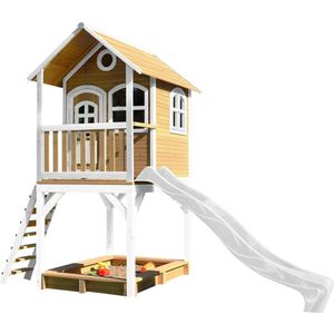 AXI Sarah Speelhuis in Bruin/Wit - Met Verdieping, Zandbak en Witte Glijbaan - Speelhuisje voor de tuin / buiten - FSC hout - Speeltoestel voor kinderen