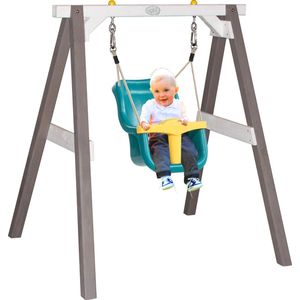 AXI Baby Schommel in Grijs/Wit met Zitje in Blauw/Geel - FSC hout - Babyschommel voor kindjes van 9-36 maanden - Met 4 grondankers