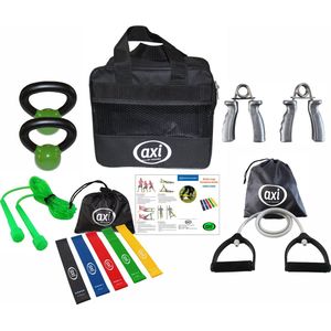 AXI Fitness Bag - Tas met Weerstandsbanden – Weerstandskabel – Handtrainer - Kettlebells en Springtouw - Complete Fitnessset voor Kracht, Uithoudingsvermogen en Flexibiliteit