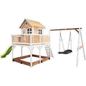 AXI Liam Speelhuis in Bruin/Wit - Met Verdieping, Zandbak, Roxy Nestschommel en Limoen Groene Glijbaan - Speelhuisje voor de tuin / buiten - FSC hout - Speeltoestel voor kinderen