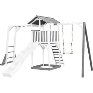 AXI Beach Tower Speeltoren met Klimrek en Enkele Schommel Grijs/wit - Witte Glijbaan