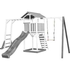 AXI Beach Tower Speeltoren met Klimrek en Enkele Schommel Grijs/wit - Grijze Glijbaan