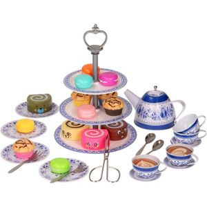 Theeset - Etagère - Dienblad - 4 Theekopjes - 4 Schotels - Theepot - Tang - Bestek