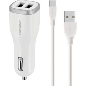 Mobiparts Autolader - Dual USB 24W/4.8A + USB-C Kabel - Wit