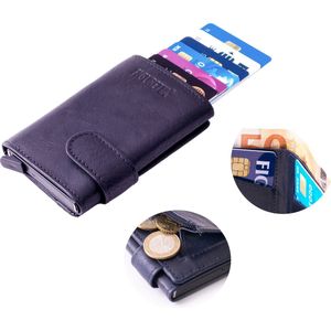 Figuretta© Leren Cardprotector - Pasjeshouder - Creditcardhouder met papier en muntgeldvak - Triple Fold- Donkerblauw