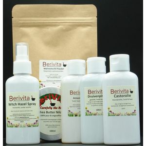Startset 6x Natuurlijke Verzorging - Amandelolie, Druivenpitolie, Castorolie, Nilotica Butter, Walnotenpoeder en Witch Hazelspray - 6x100ml