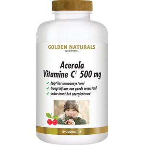 Golden Naturals Acerola Vitamine C 500mg (100 veganistische zuigtabletten)
