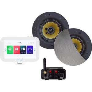 Badkamerradio Aquasound N-Joy Connect, Controller (IPX7) + Wand Lader + Samba Speakerset Mat Chroom+ Bluetooth Versterker / 50 WATT / 230V/12V