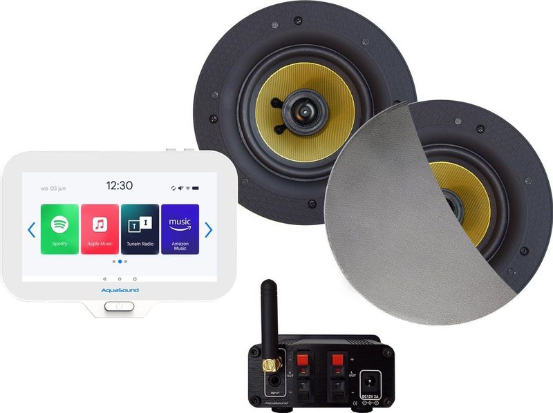 Badkamerradio Aquasound N-Joy Connect, Controller (IPX7) + Wand Lader + Samba Speakerset Mat Chroom+ Bluetooth Versterker / 50 WATT / 230V/12V