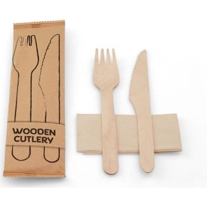 Bestekset vork, mes FSC® hout, servet FSC® papier, in zakje FSC® papier | Inhoud: 100 stuks