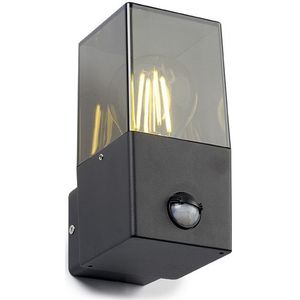 Wandlamp buiten met sensor E27 | Vierkant | Smokey | IP44 | Zwart