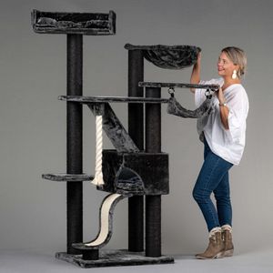 RHRQuality Krabpaal Voor Grote Katten - Kilimandjaro de Luxe Crown – 195 cm Hoog – Met 12 cm Sisalpalen & Luxe Ligplaats – Blackline Donker Grijs