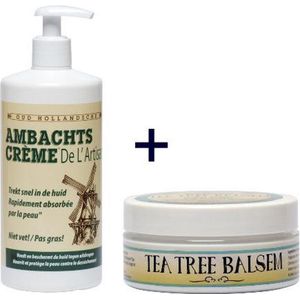 VOORDEELPACK, 450ml en Tea tree balsem 75ml, handcreme, gezichtscreme, puistjes, droge handen, ruwe handen,schrale handen, voetencreme,voetcreme
