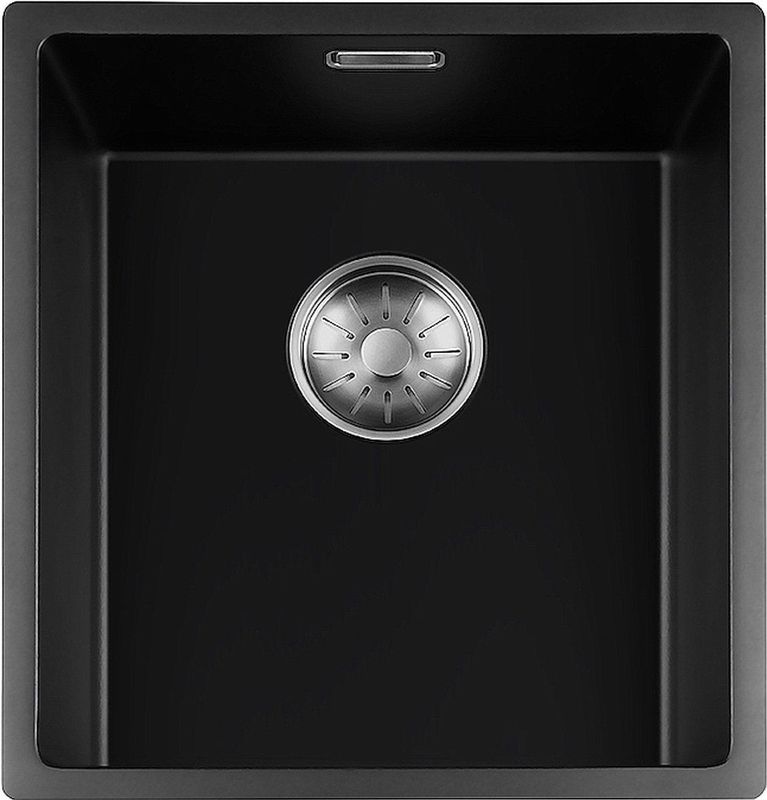 Lorreine 34BQ-FU-INOX Zwarte quartz spoelbak met ronde korfplug.