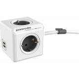 DesignNest PowerCube Extended DUO USB - 1,5 meter kabel - wit/grijs- 4 stopcontacten - 2 USB laders - Type F - stekkerdoos - stekkerblok - telefoonlader - oplader