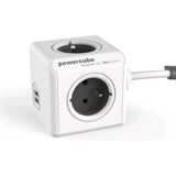 DesignNest - PowerCube Extended Duo USB - 1.5m kabel - Wit/Grijs - 3 stopcontacten - 2 USB laders - Type E met aardepin (België)