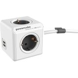 PowerCube Extended Duo USB Stekkerdoos - NL/DE (Type F) - Geschikt voor 4 stekkers en 2 USB-Poorten - Kabel 3 mtr. - Wit/Grijs