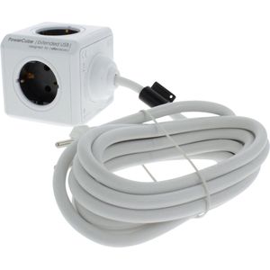 PowerCube Extended Duo USB Stekkerdoos - NL/DE (Type F) - Geschikt voor 4 stekkers en 2 USB-Poorten - Kabel 3 mtr. - Wit/Grijs