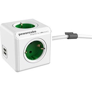PowerCube Extended Duo USB - Stekkerdoos - Wit/Groen - 4 Stopcontacten - 2 USB Laders - 1.5 Meter Kabel
