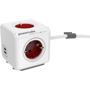 PowerCubes PowerCube Extended DUO USB - 1,5 meter kabel - wit/rood- 4 stopcontacten - 2 USB laders - Type F - stekkerdoos - stekkerblok - telefoonlader - oplader