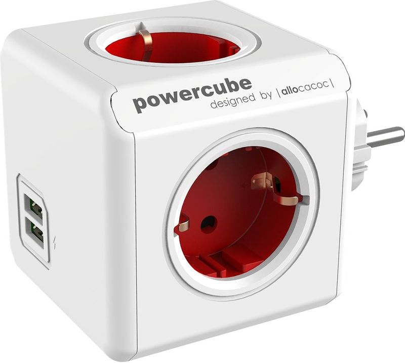 Allocacoc - PowerCube® Original - Stekkerdoos - Rood - 4 Outlets - 2 USB-ports