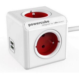 Allocacoc PowerCube Extended Duo USB FR rood, 4-voudige stekkerverdeler met 2,1 A USB-laadstroom, wit/rood