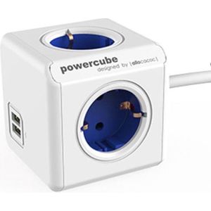 DesignNest PowerCube Extended DUO USB - 1,5 meter kabel - wit/blauw- 4 stopcontacten - 2 USB laders - Type F - stekkerdoos - stekkerblok - telefoonlader - oplader