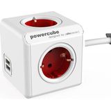 Allocacoc PowerCube DuoUSB Extended Red EU, 4-voudige stekkerverdeler met 2,1 A USB laadstroom, wit rood