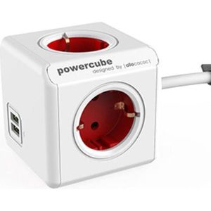 PowerCube Extended stekkerdoos met 4 contacten en 2x USB / rood/wit - 1,5 meter
