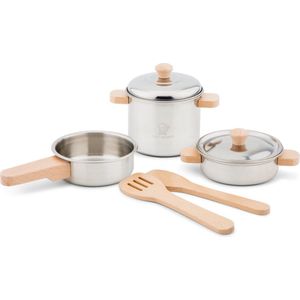 New Classic Toys - Metalen Pannenset - 7-delige Set - Speelgoed Keukenset - Houten Kookgerei