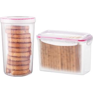 Lock&Lock Beschuitbus en Cracker bewaardoos - Knackebrod bewaardoos - Bewaardoos met deksel - Voorraaddozen - Set van 2 stuks - 100% luchtdicht - Transparant met Roze ring - LocknLock